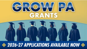 Six young people in graduation caps and gowns face away against a blue and gold background, with the words “GROW PA” in blue letters and the words “Grants” and “2026-27 applications available now” in white letters.